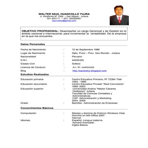 Curriculum Vitae Walter Saul Huancollo Yujra