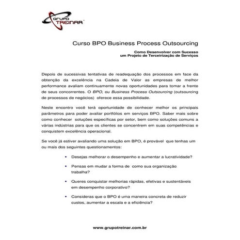 Curso BPO Business Process Outsourcing | PDF