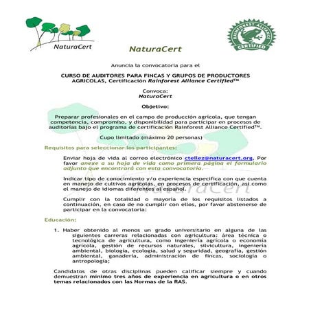 Curso de auditores para fincas y grupos de productores agricolas, certificaci...