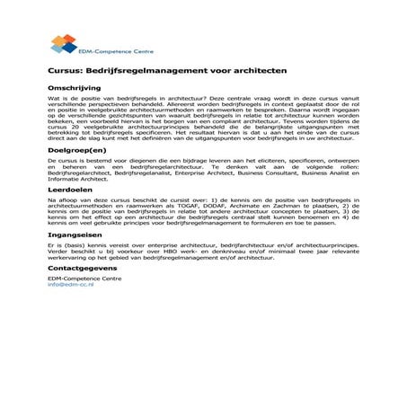 Cursusbeschrijving bedrijfsregelmanagement voor architecten