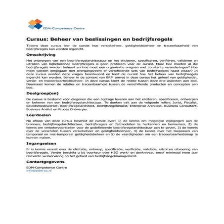 Cursusbeschrijving beheer van beslissingen en bedrijfsregels