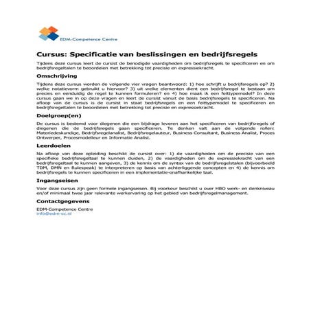Cursusbeschrijving specificatie van beslissingen en bedrijfsregels