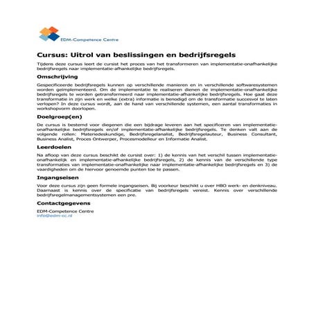 Cursusbeschrijving uitrol van beslissingen en bedrijfsregels