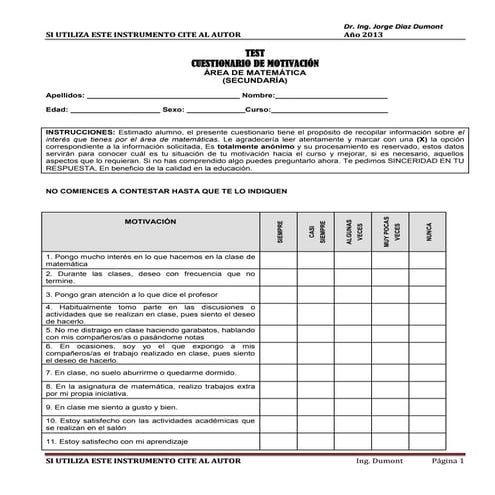 TEST CUESTIONARIO MOTIVACIÓNEN MATEMÁTICA  DR. DUMONT