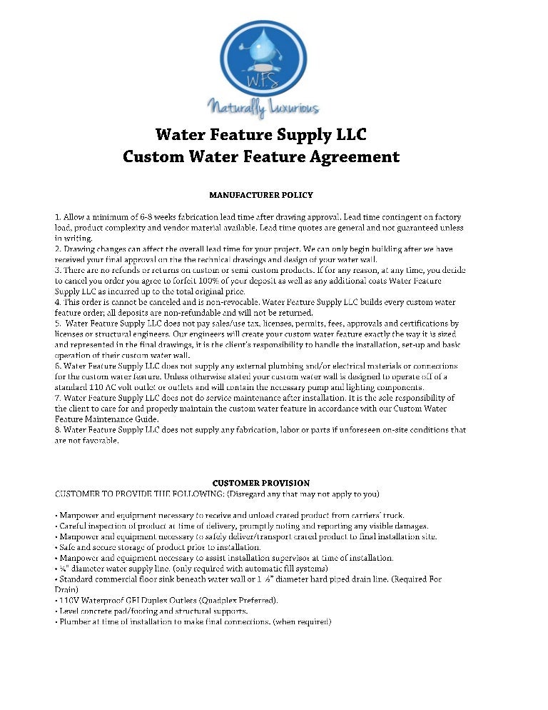 Custom Water Feature Agreement Water Feature Supply LLC