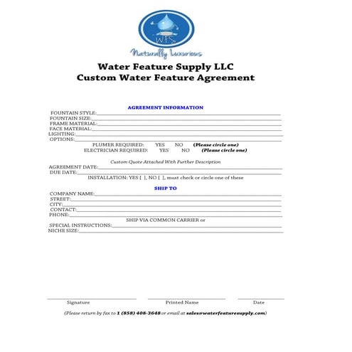 Client Contract For Custom Fountains - Water Feature Supply LLC | PDF