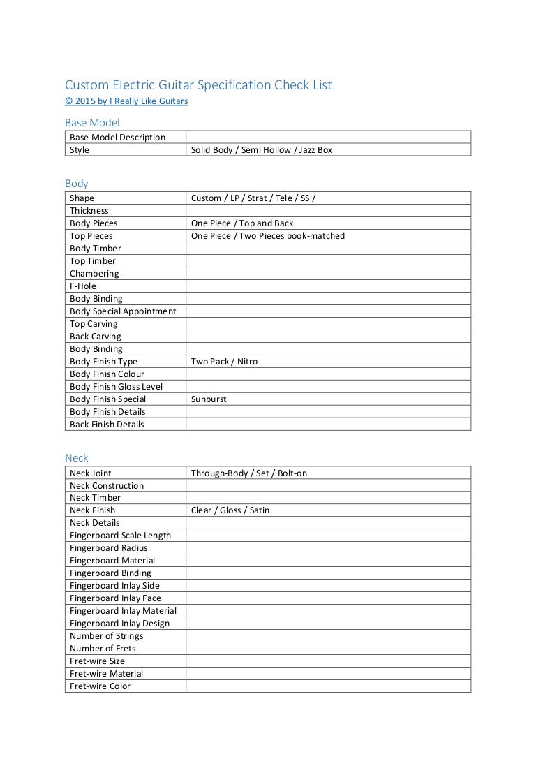 Custom Eelectric Guitar Specification Check List