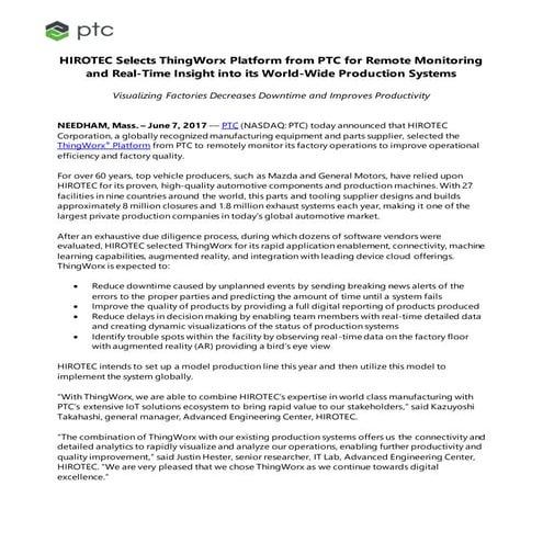HIROTEC Selects ThingWorx Platform from PTC for Remote Monitoring and Real-Ti...