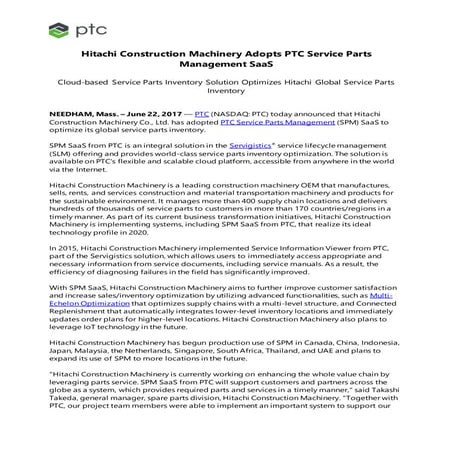 Hitachi Construction Machinery Adopts PTC Service Parts Management SaaS