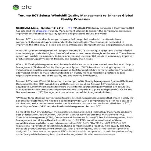 Terumo BCT Selects Windchill Quality Management to Enhance Global Quality Pro...