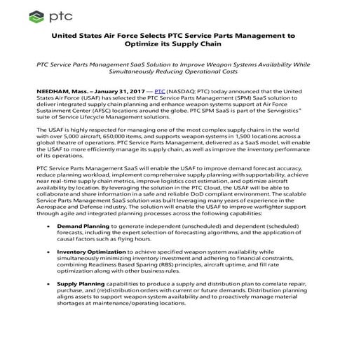 United States Air Force Selects PTC Service Parts Management to Optimize its ...