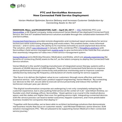 PTC and ServiceMax Announce  New Connected Field Service Deployment
