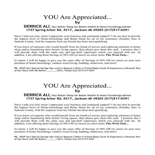 Customer Appreciation Postcard From Derrick Ali