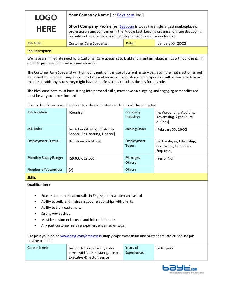 Customer Care Specialist Job Description Template by Bayt.com Customer Care Specialist Job Description Template by Bayt.com