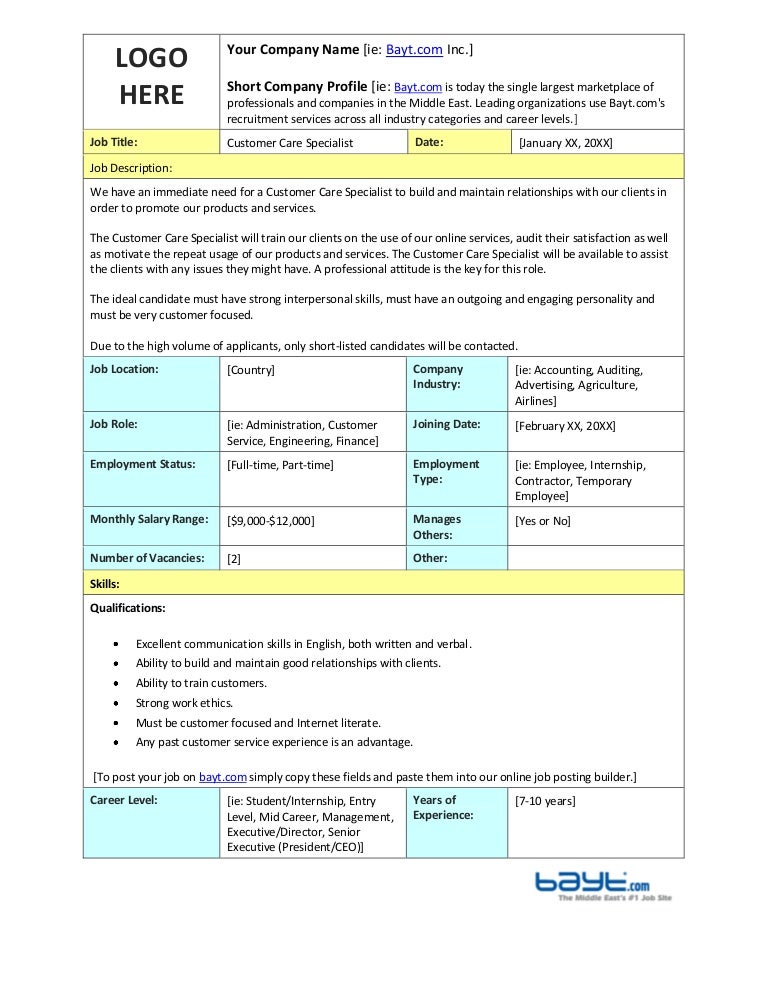 customer care specialist job description template by baytcom