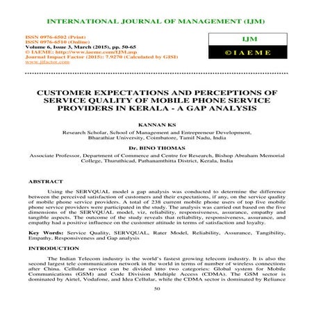 Customer expectations and perceptions of service quality of mobile phone