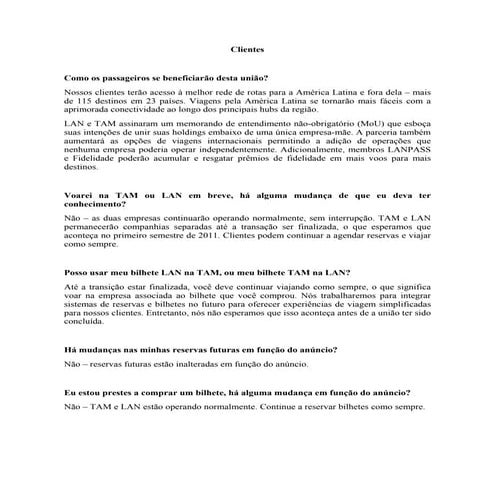 Esclarecimentos sobre União TAM e LAN