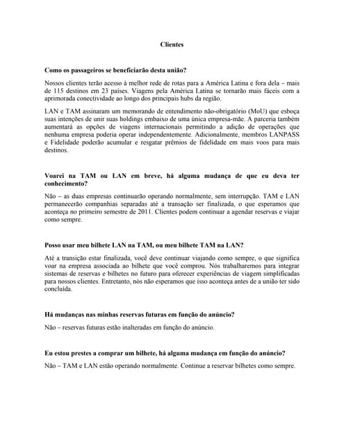 Esclarecimentos sobre União TAM e LAN