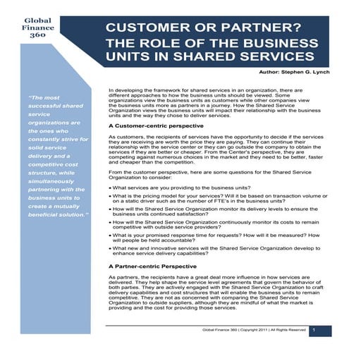Customer or Partner- The Role of the Business Units in Shared Services