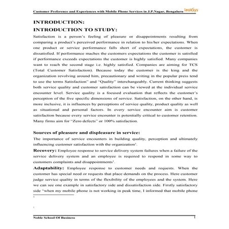 Customer preference and experiences with mobile phone services in j.p.nagar, ...