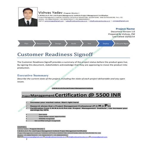 Customer readiness signoff v1b cmmaao pmi pmp