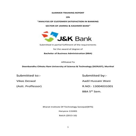 Customer satisfaction towards j&amp;k bank by wani aadil