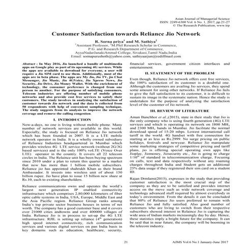 Customer satisfaction towards reliance jio network