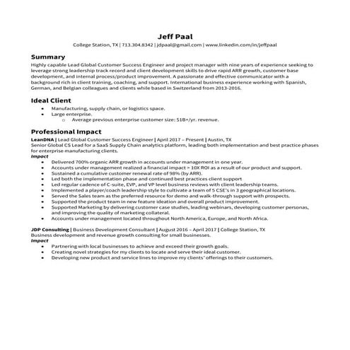 CV - JEFF PAAL - Lead Global Customer Success Engineer