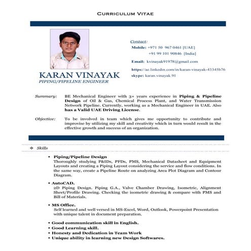 CV of  Karan Vinayak - piping design engineer
