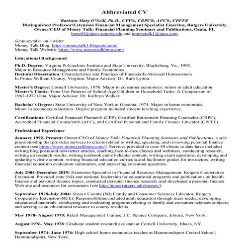 Dr. Barbara O'Neill-Short CV