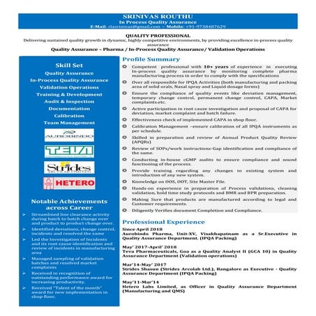 Cv | srinivas routhu | Quality Assurance | 10+ yrs experience