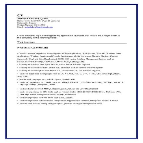 Mehrdad Roushan Afshar - Resume