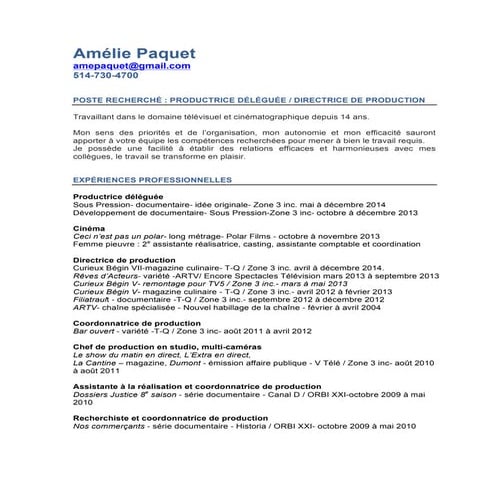 Cv ameliepaquet productrice-dir de prod | PDF