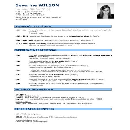 Cv Séverine Wilson español 