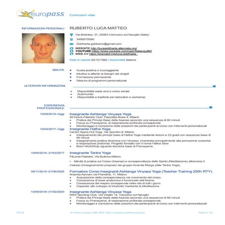 CV Europass Yoga 500 RYT Luca Matteo Ruberto