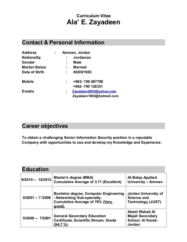 Cv For Ala Zayadeen