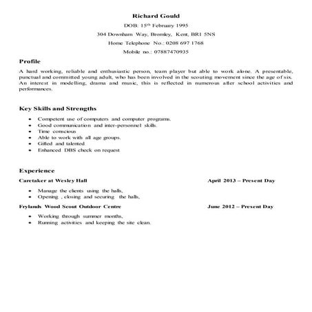 Cv for main protagonist