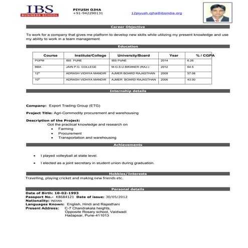 Cv format   international placements