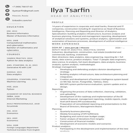 Ilya Tsarfin, Head of Analytics, Data Analytics, Data Science