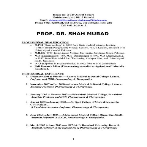 Resume of PROF DR SHAH MURAD jan 2011