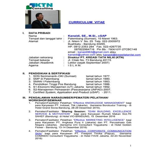 CV Kanaidi, SE., M.Si., cSAP (Pembicara / Narasumber / Fasilitator / Pemateri  )