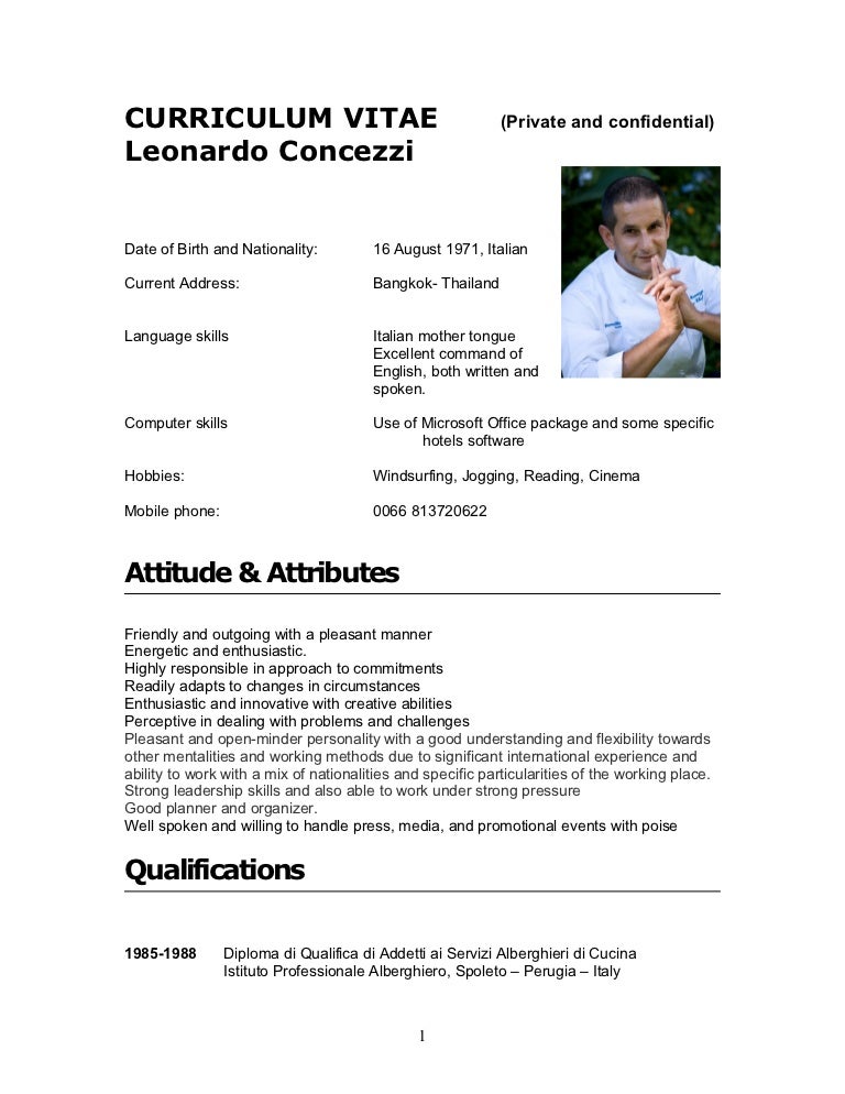 cv leonardo concezzi 2012 chef de cuisine resumes