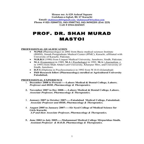 RESUME OF PROF. DR. SHAH MURAD