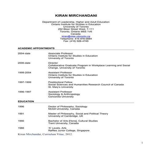 Kiran Mirchandani Cv oct 2012 lifetime