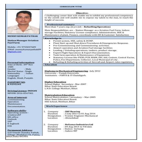 Cv of mechanical engineer 7 yr experince in reliance industries ltd munny pathak