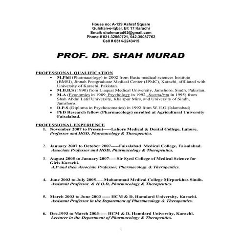 CV of Prof. Dr. Shah Murad