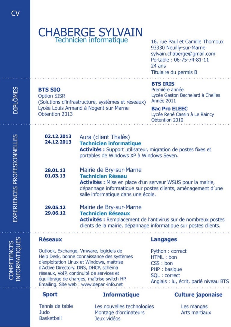 Cv Technicien Informatique Cv Technicien Informatique
