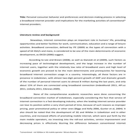 2011 Personal consumer behavior and preferences and decision-making process i...