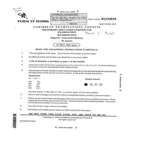 Cxc past paper 1 june 2010