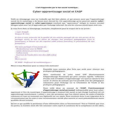 L’art d’apprendre par le lien social numérique - Cyber apprenance et "EASP"...